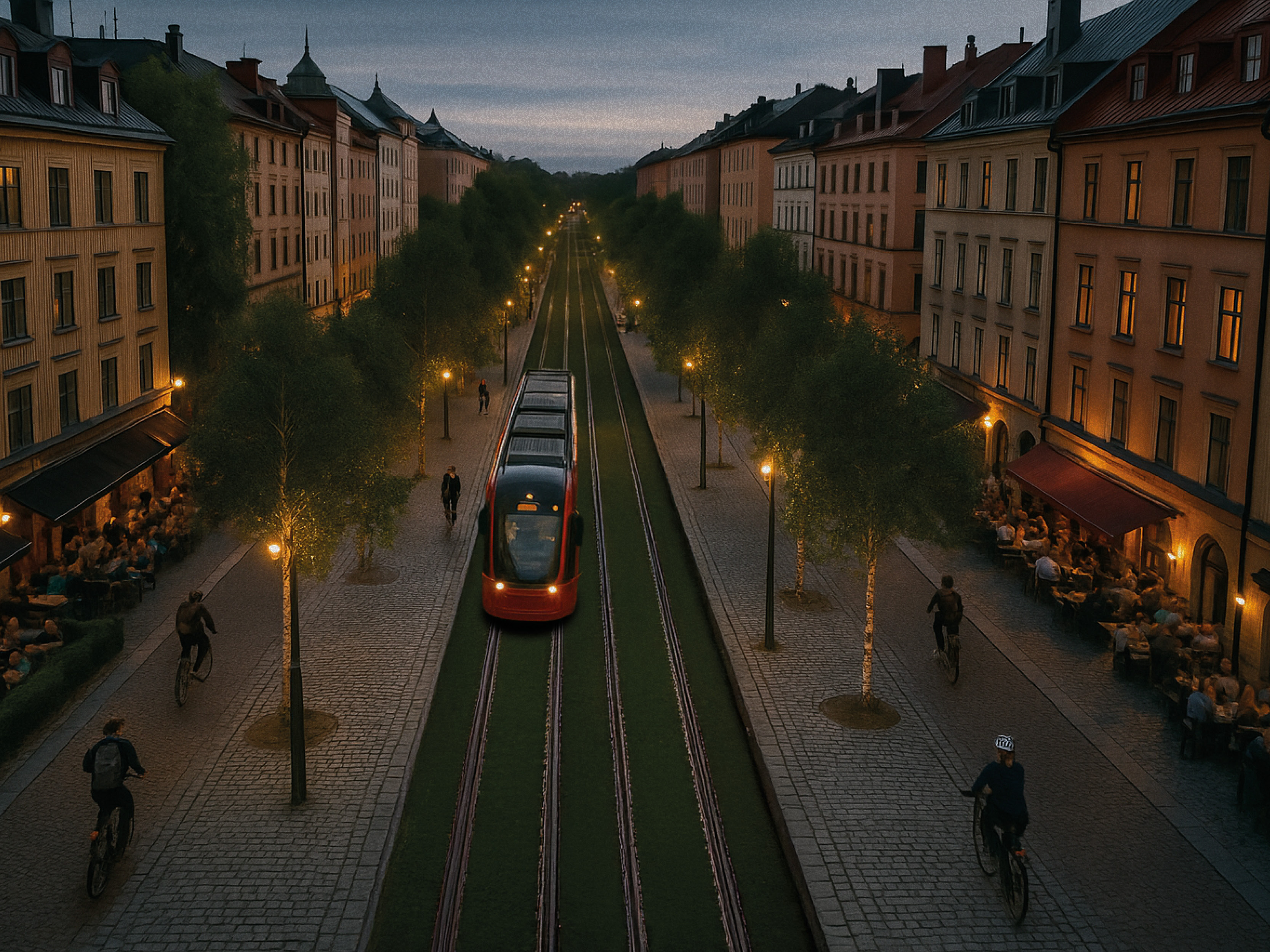 Birch tree-lined avenue with frequent tram service