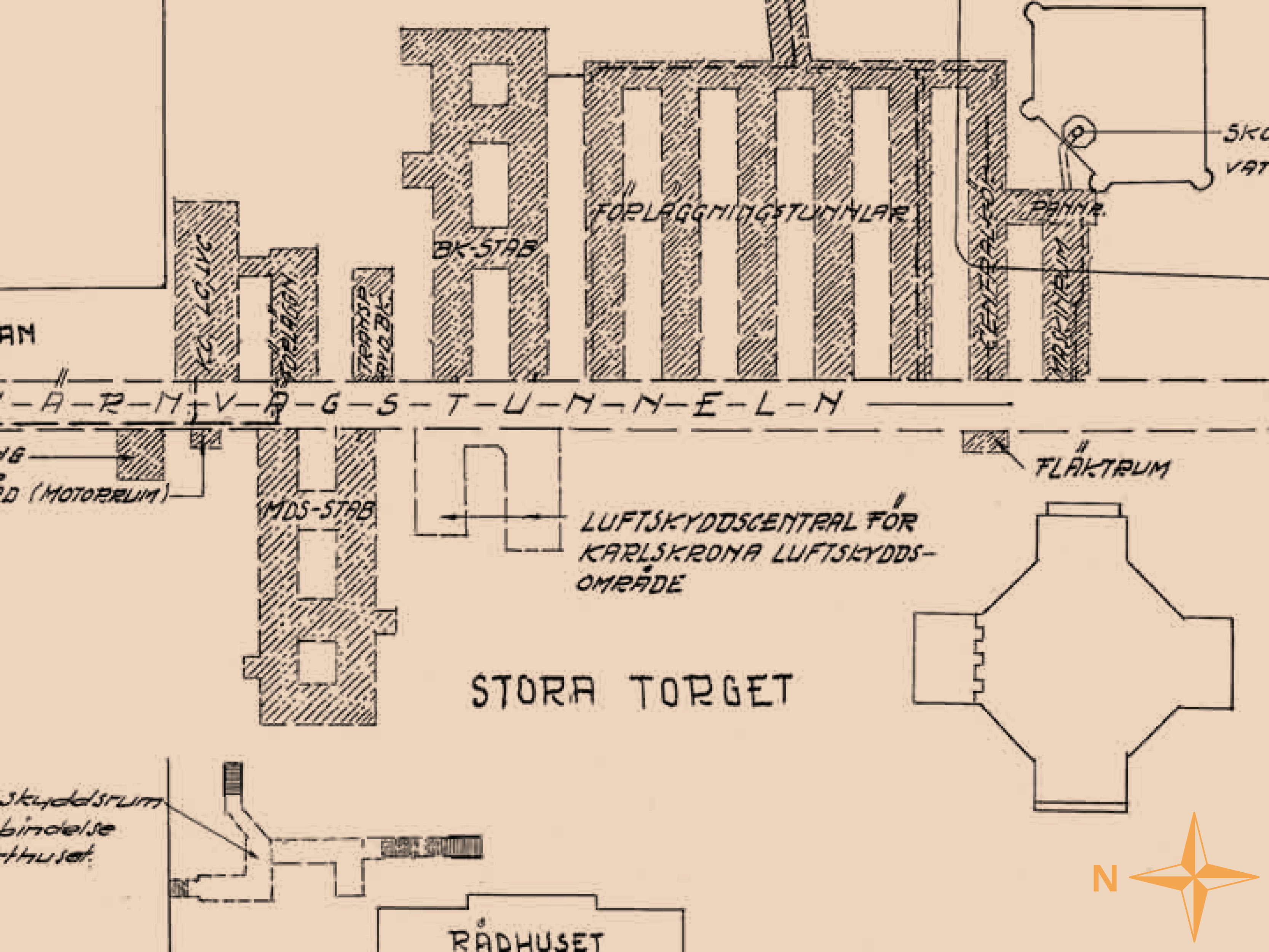 Plan showing excavated spaced below the Stortorget/main square (Karlskrona kommun)