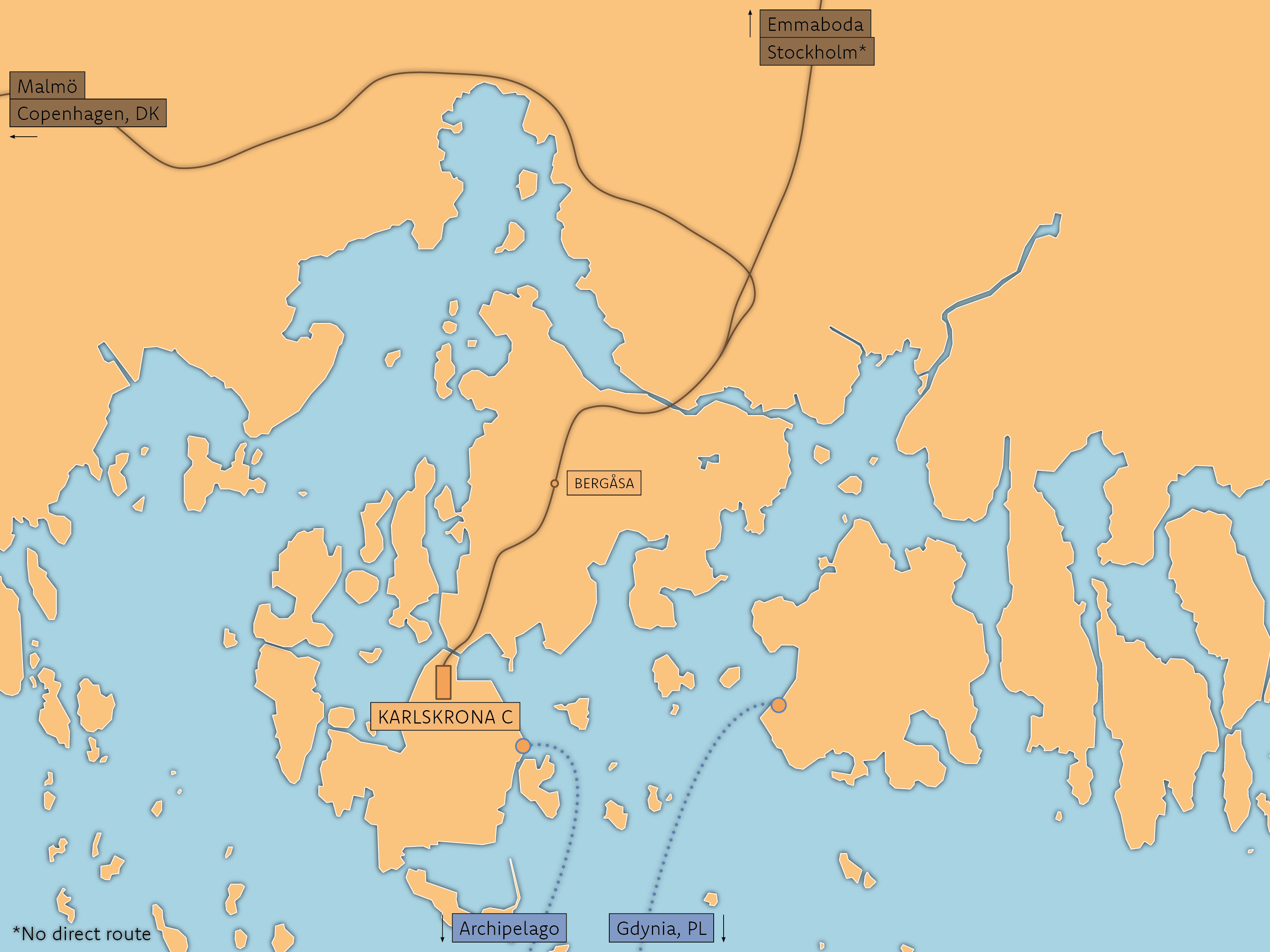 Map showing current rail and ferry routes