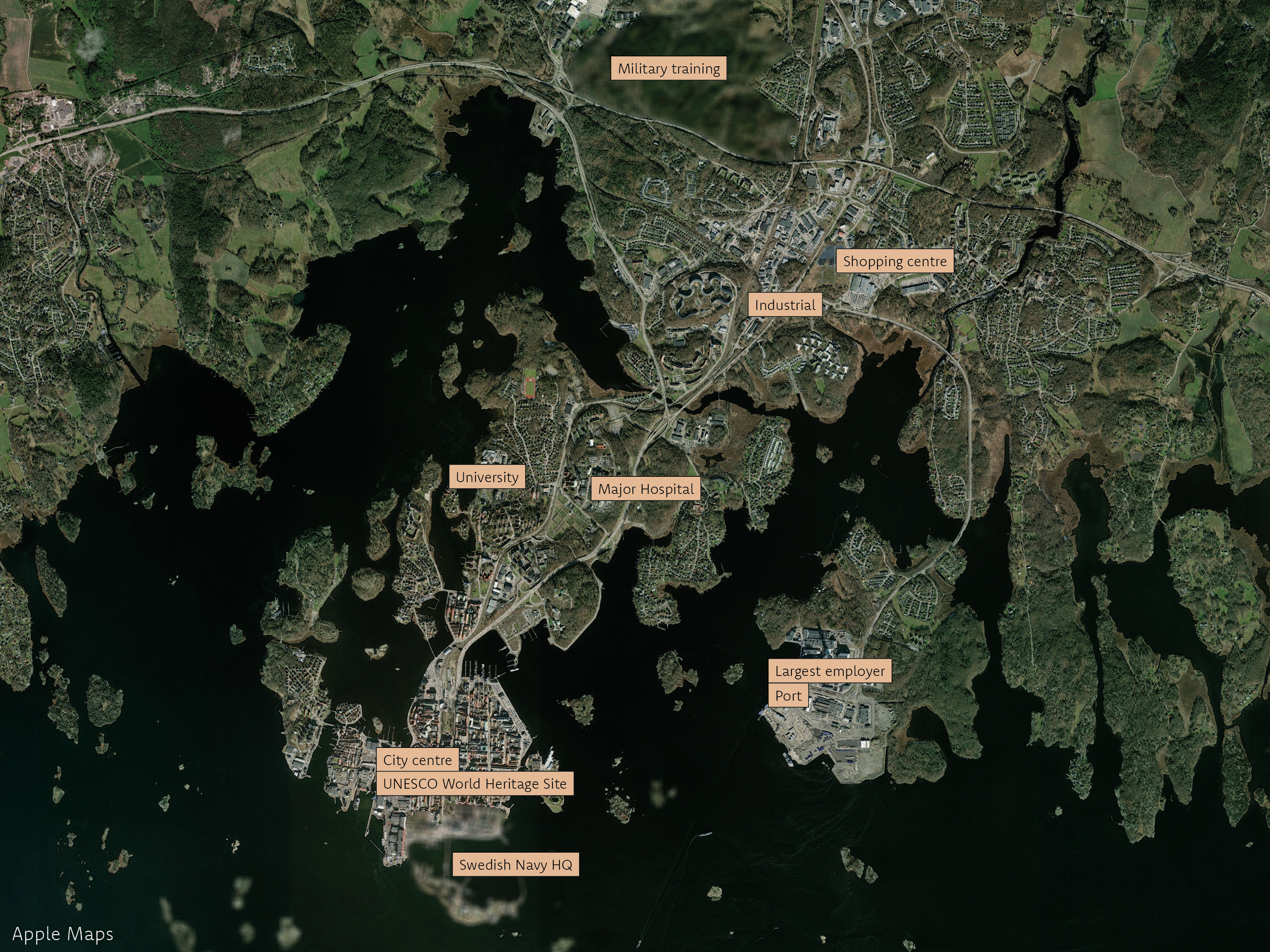 Satellite image showing significant hubs around the city